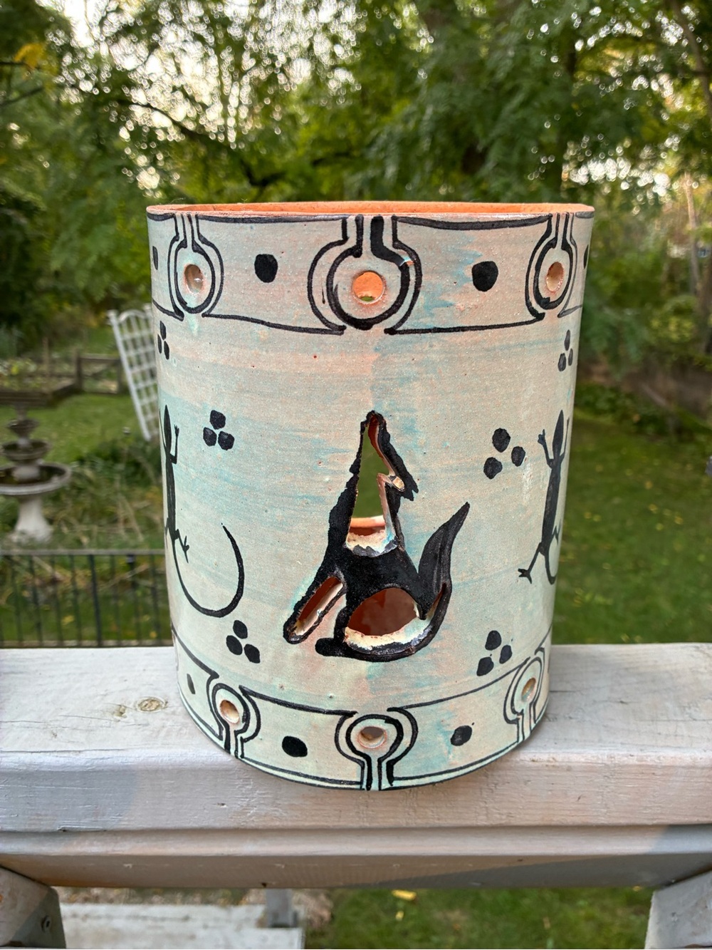 Handmade Southwestern Motif Clay Pottery Wall Sconce Wolf Lizard